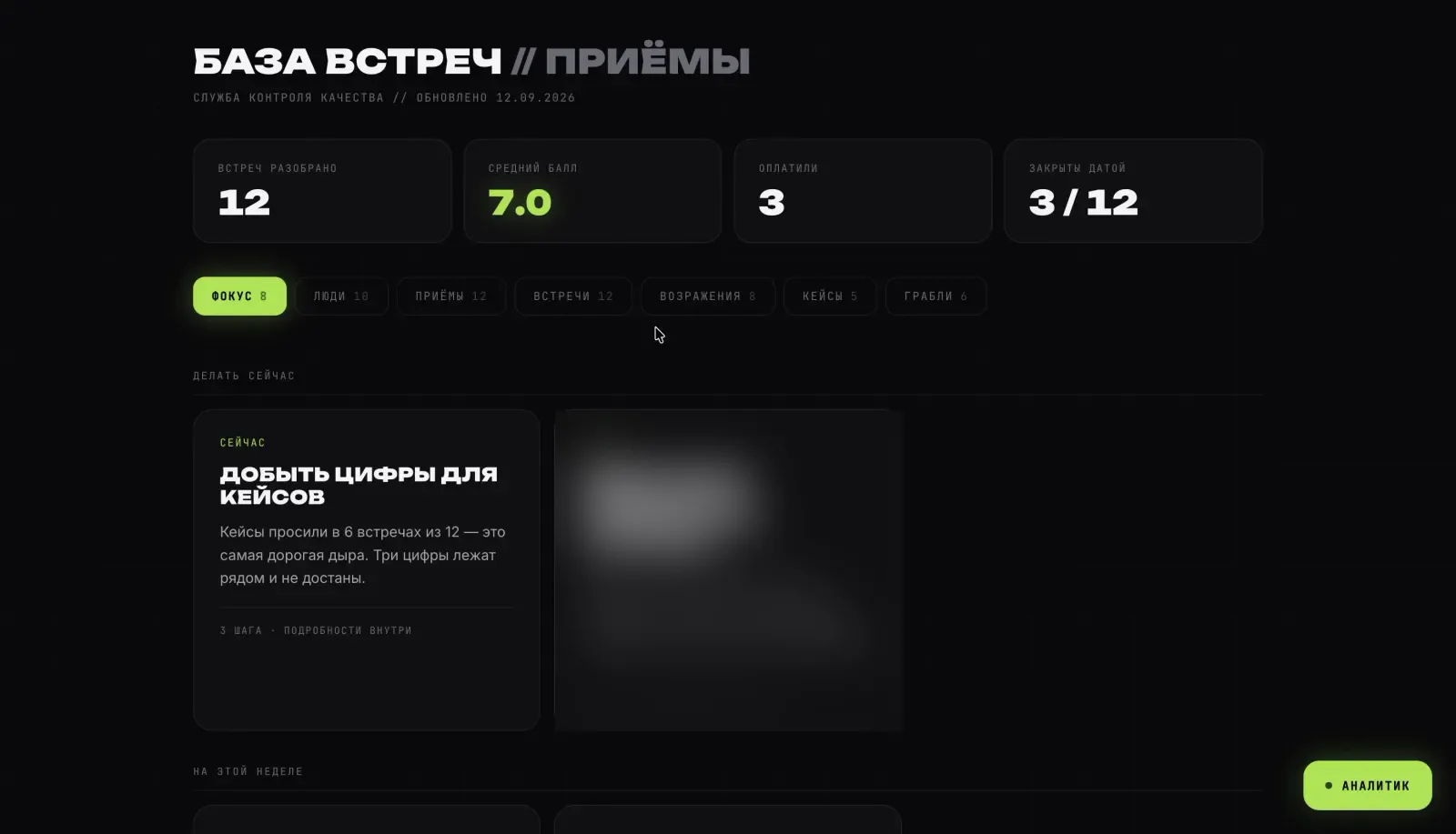 База встреч: 12 встреч разобрано, средний балл 7.0